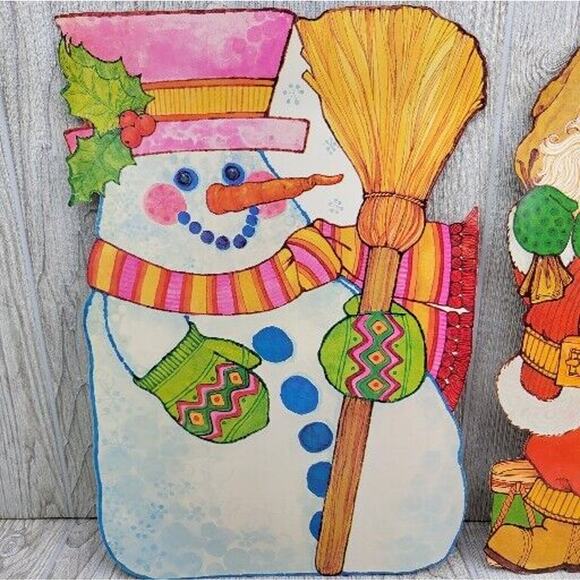 Vintage Christmas Diecut 2 Sided Wall Window Snowman Angel Santa Stocking 4pc - Picture 2 of 11